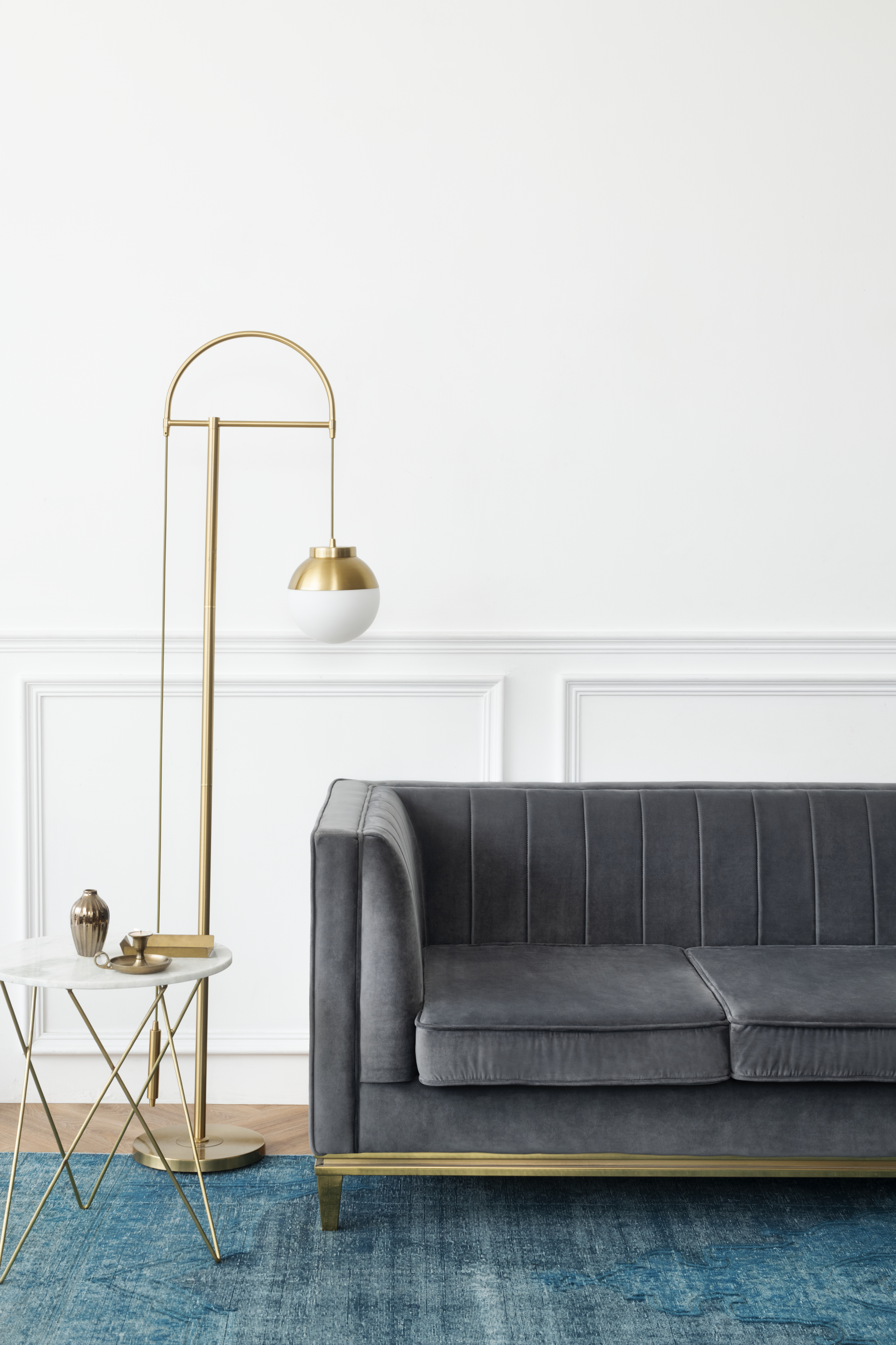 Chic mid-century modern luxury aesthetics living room with gray