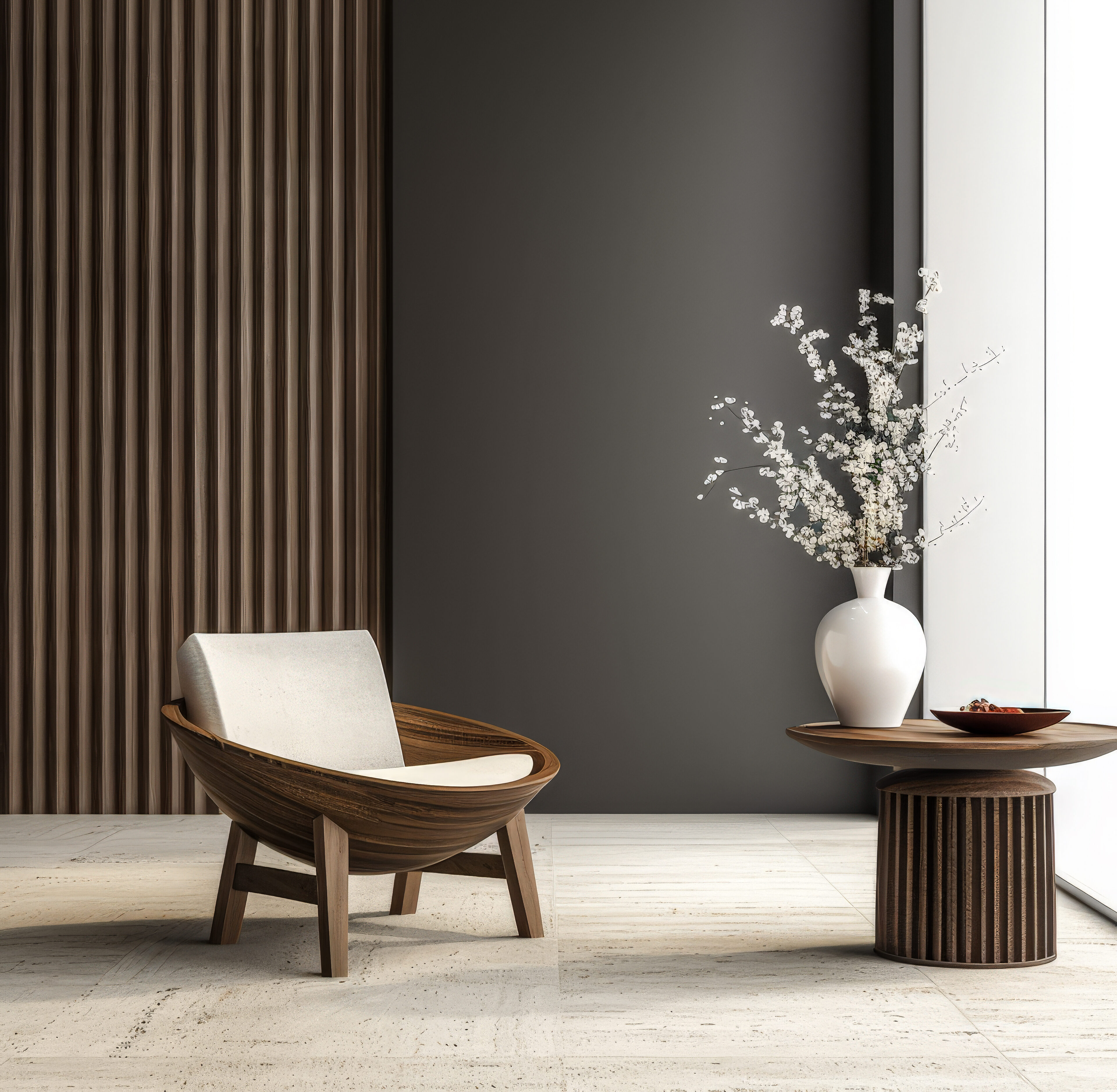 Elegant sculptural interiors with contrasting shadows. Minimalistic interior design composition.