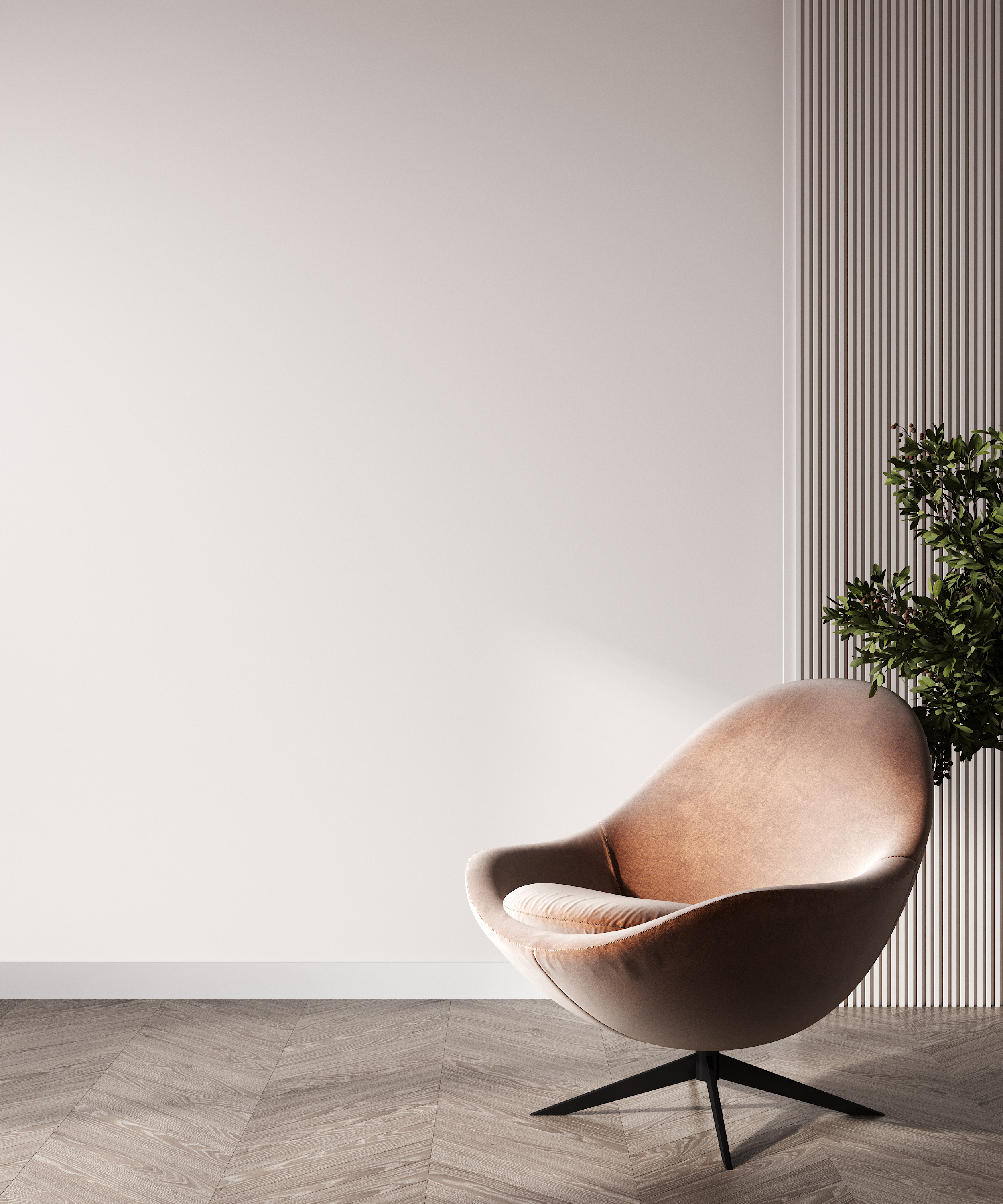 Modern living room interior, brown armchair on wooden floor, emp