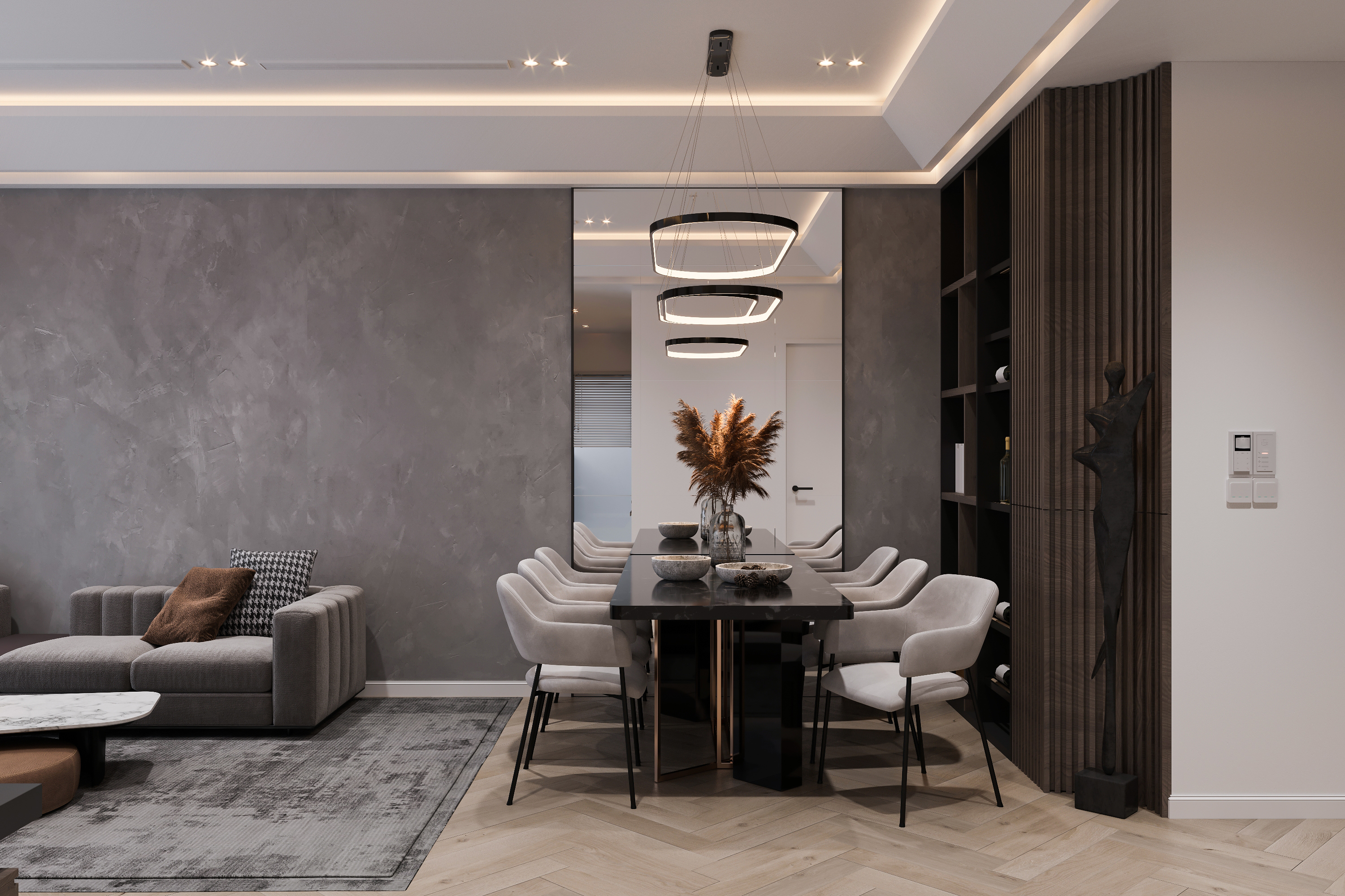 A room with a table, chairs, and a potted plant. Ideal for inter