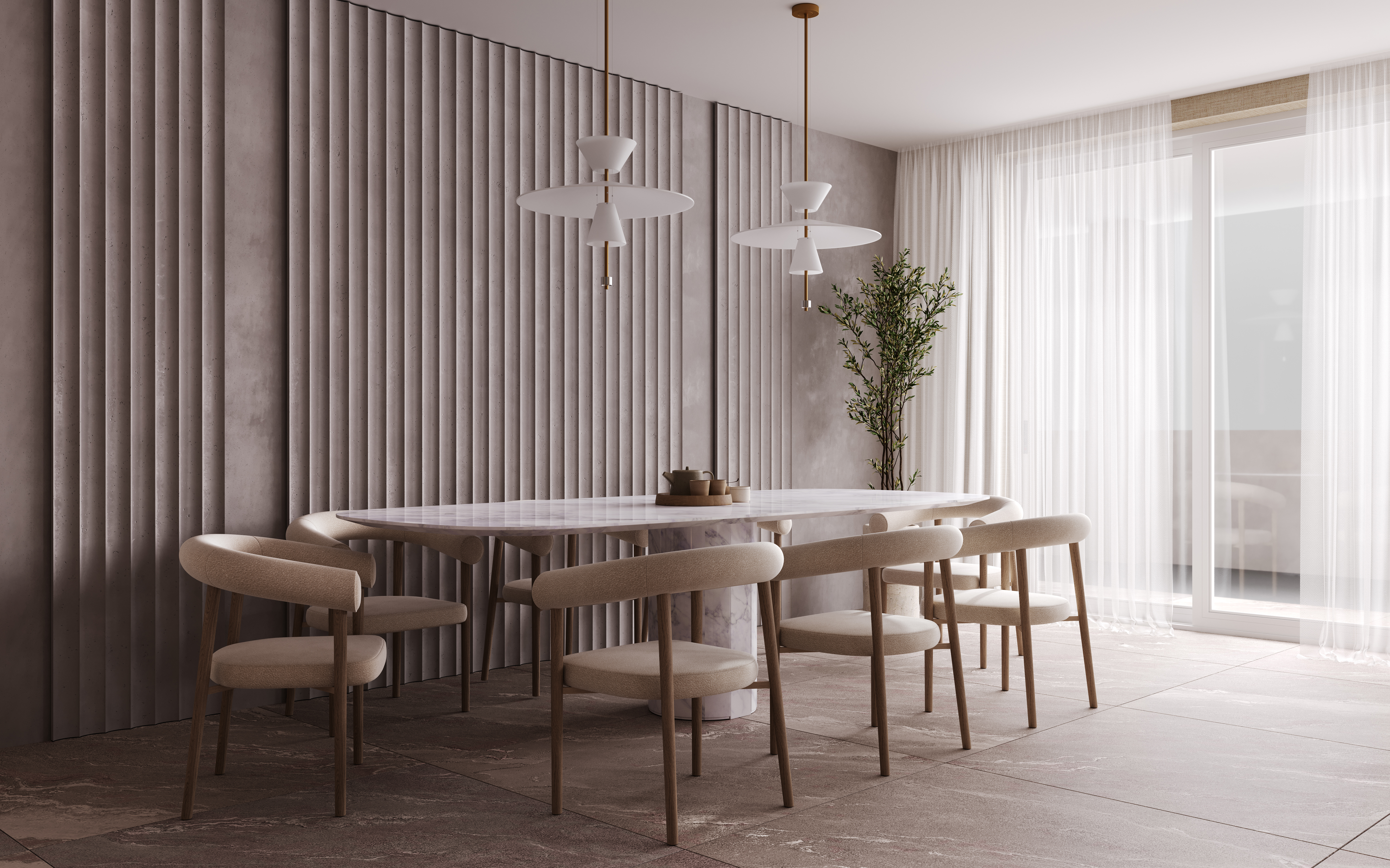 Villa interior mockup, modern beige dining room interior, decora