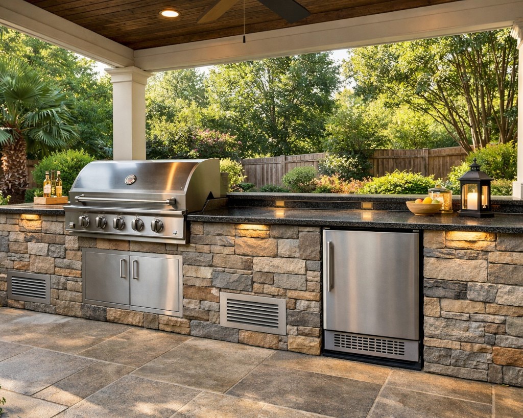 DIY outdoor kitchen appliance enclosure in an Atlanta backyard with built-in grill, outdoor refrigerator, and stone cabinetry