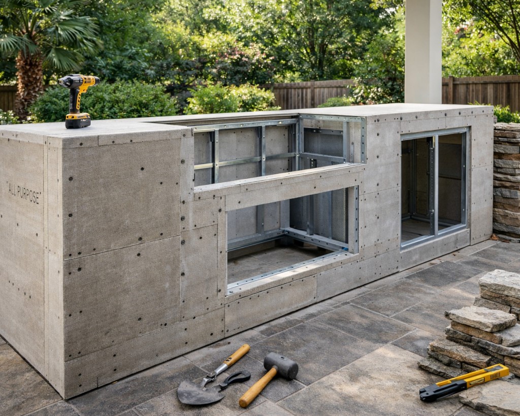 Outdoor kitchen appliance enclosure under construction with cement board installed over metal framing